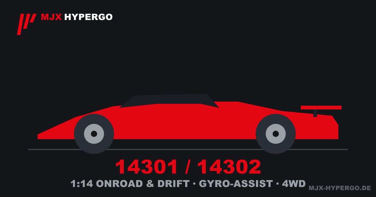 Stilisierte Seitenansicht des MJX Hyper Go 14301/14302: flaches Onroad- und Drift-Modell mit Gyro-Assist